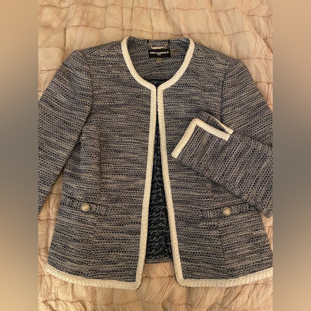 Karl Lagerfeld Women's Navy and Cream Tweed Blazer